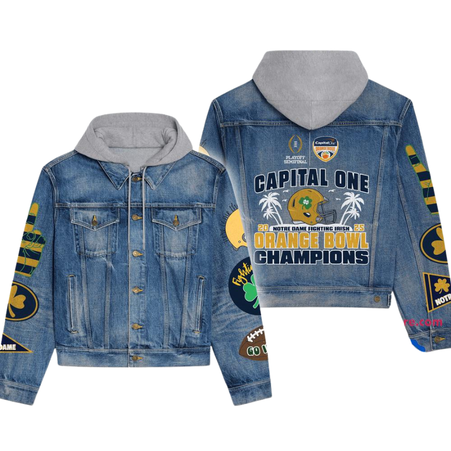 Notre Dame Fighting Irish 2025 Orange Bowl Champions Hooded Denim Jacket For Fan
