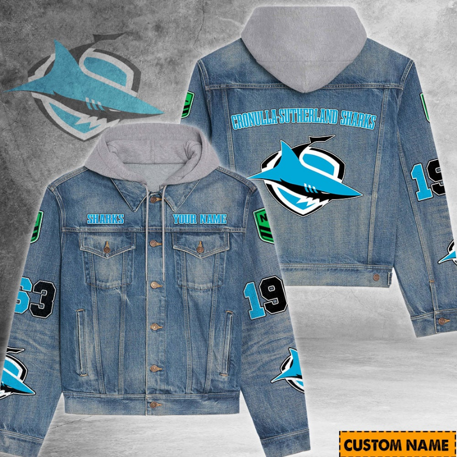 Cronulla-Sutherland Sharks Nrl Personalized Hooded Denim Jacket For Fan