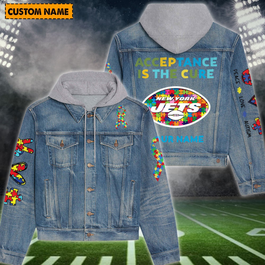 New York Jets New Personalized Hooded Denim Jacket For Autism Month