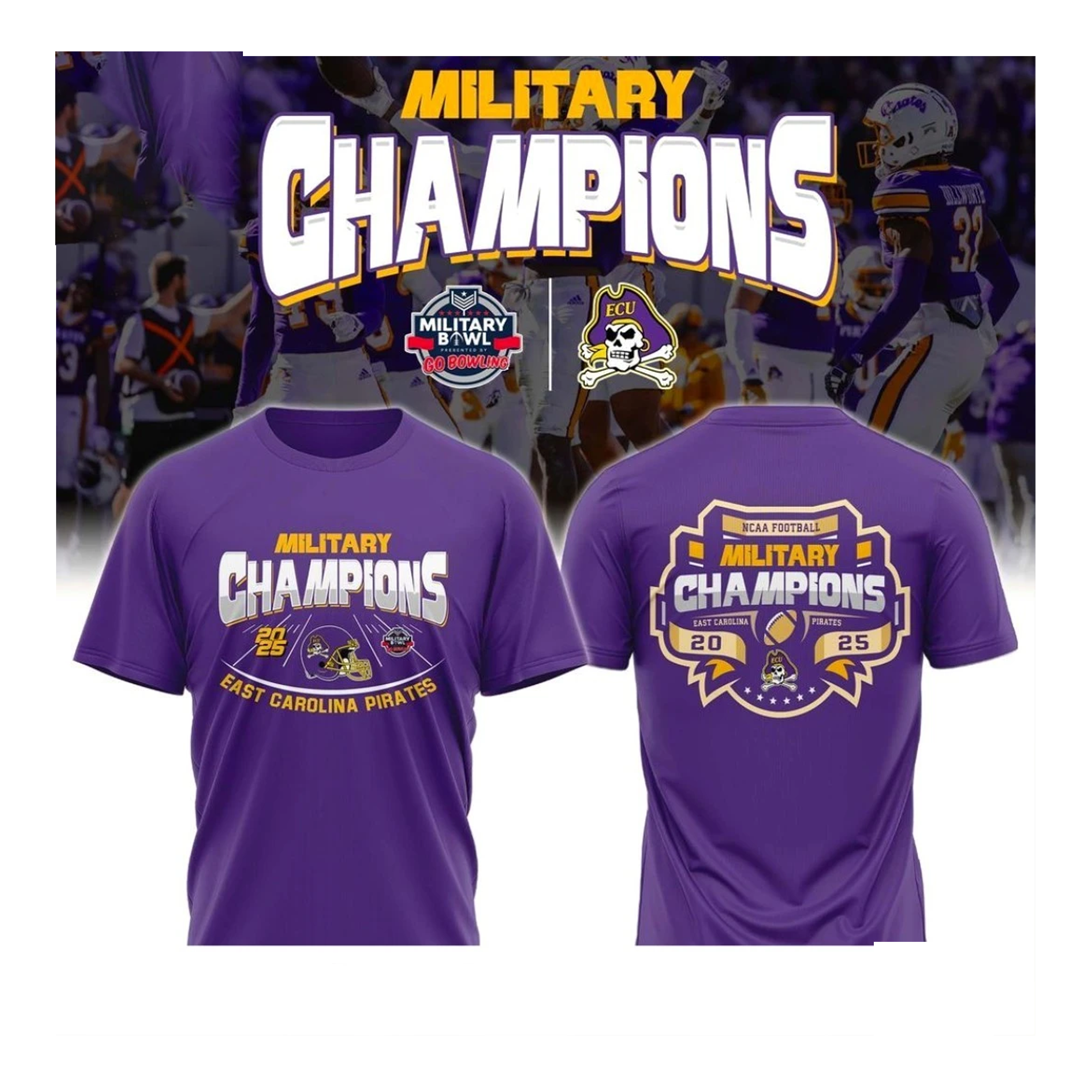 Original Ecu Football Ncaa Military Bowl Champions 2025 Helmet And Logo T-Shirt