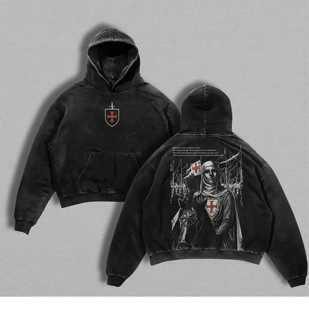 Retro Baldwin IV "The Leper King" The Crusader King and His Holy Army Vintage Washed T-Shirt Hoodie | Jerusalem Cross Medieval Christian Streetwear | Medieval Cross Armor Glory of God Outfit