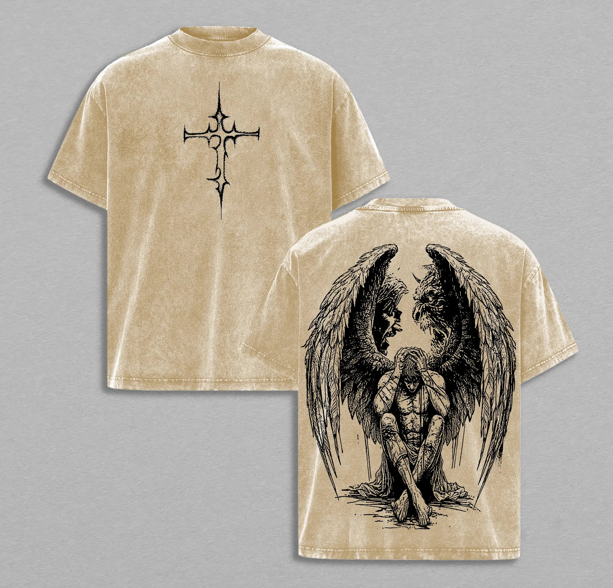 Tormented Angel T-Shirt Washed , Fallen Dark Angel Tee, Gothic Angel of Despair Shirt, Heavyweight Cotton Washed Heaven and Hell Streetwear Angel vs Demon Art Jesus Apparel Christ the Savior
