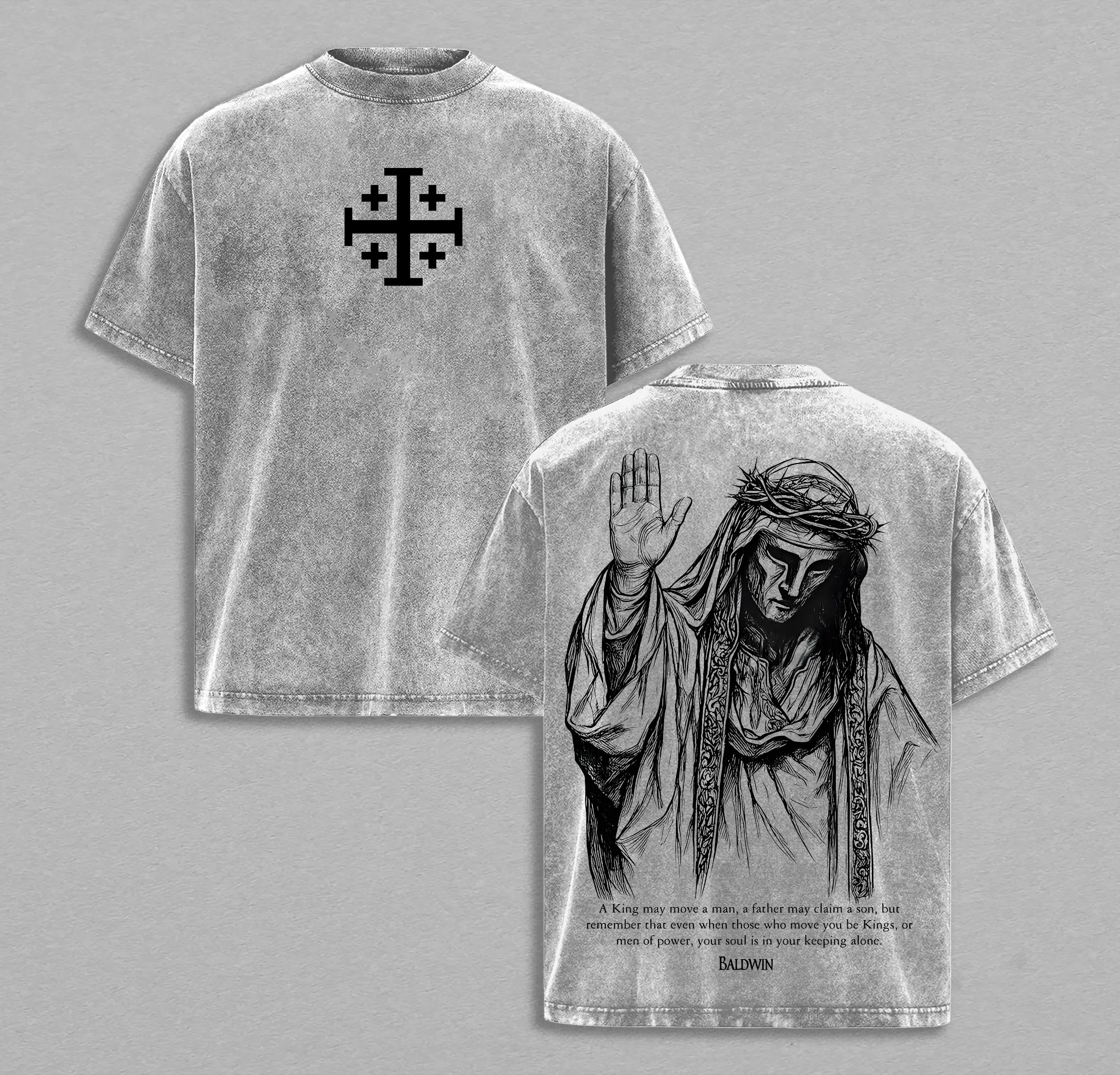 Baldwin IV The Leper King T-Shirt Washed, Crusader King of Jerusalem Tee, Jerusalem Cross Medieval Christian Shirt, Vintage Washed Gothic Faith Streetwear - Jesus Apparel - Christian Outfit