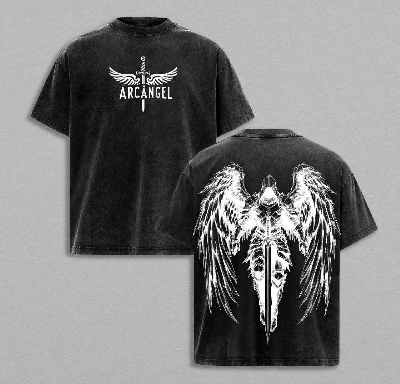 Arcangel Saint Michael T-Shirt Washed - Holy Warrior Angel Graphic Shirt, Sword and Wings Vintage Washed Top, Christian Gothic Streetwear Outfit Church - Gym Pump Cover Jesus Apparel