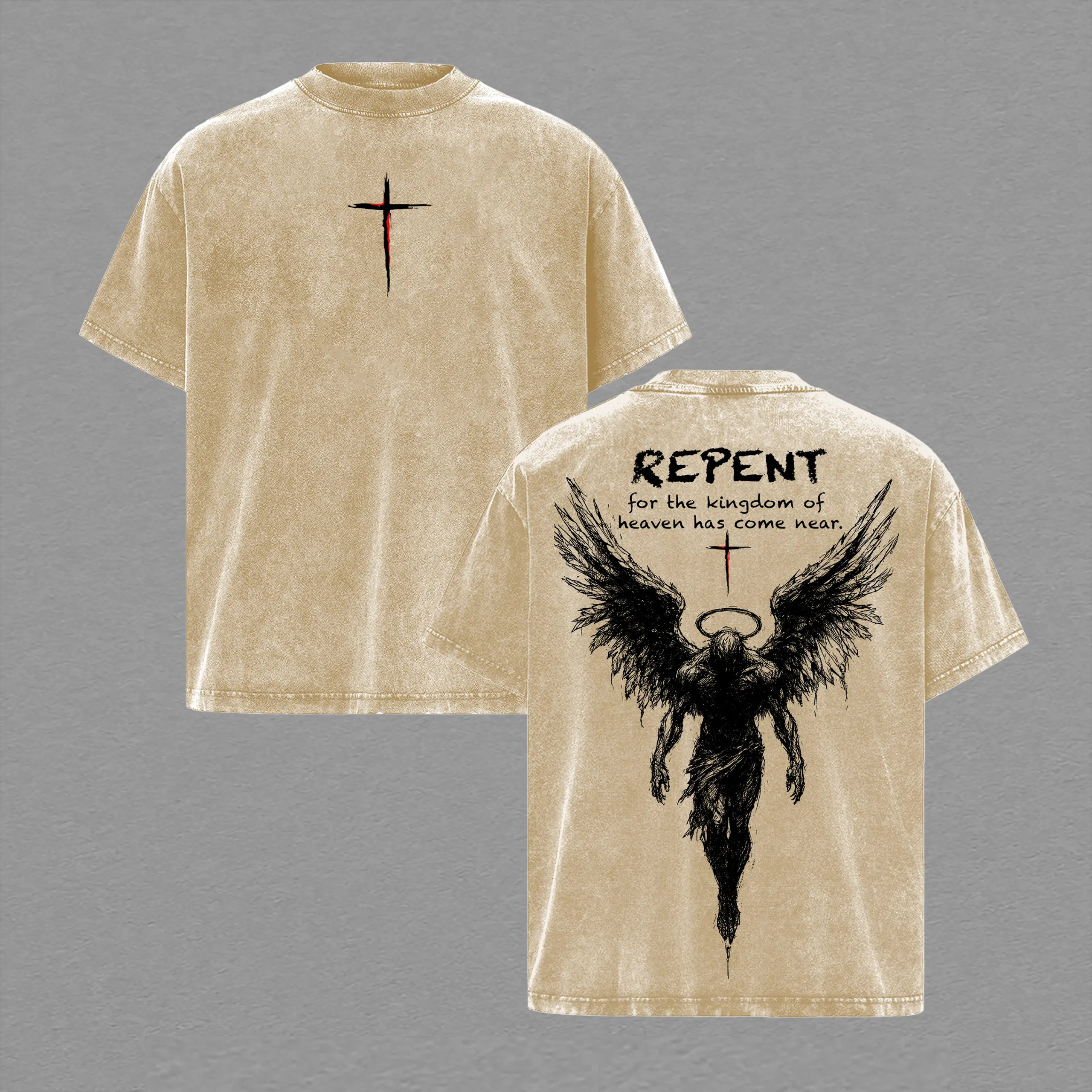 Repent Vintage Washed Christian T-Shirt, Angel Wings Faith Graphic Tee, “Kingdom of Heaven Has Come Near” Gospel Streetwear Top, Heavy Cotton Unisex Retro Worship Shirt