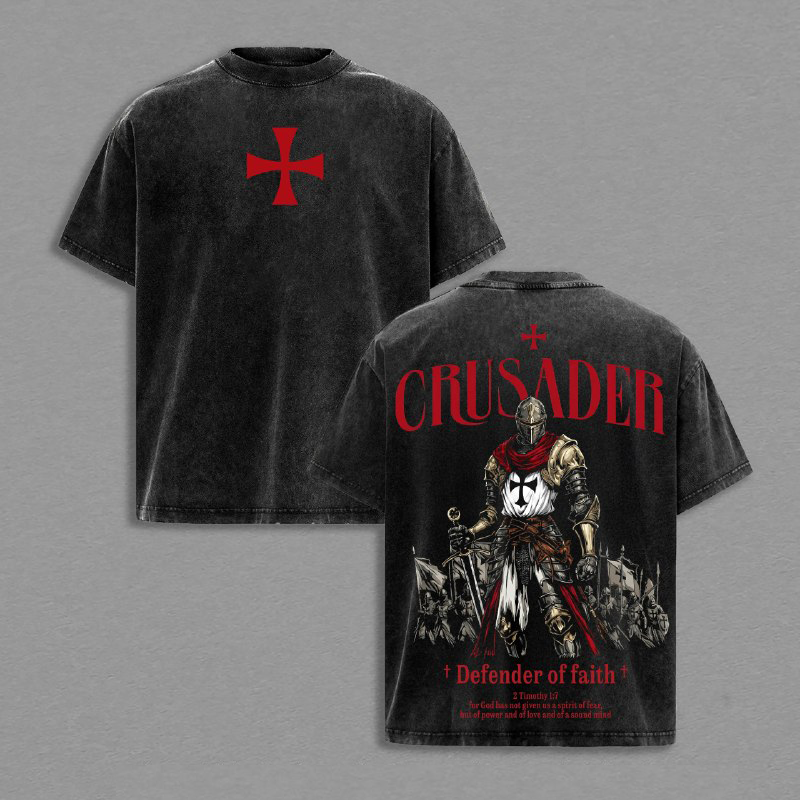 Crusader Defender of Faith Vintage Washed T-Shirt, 2 Timothy 17 Scripture Knight Graphic Tee, Heavy Cotton Medieval Christian Streetwear Top, Unisex Dark Gothic Warrior Shirt