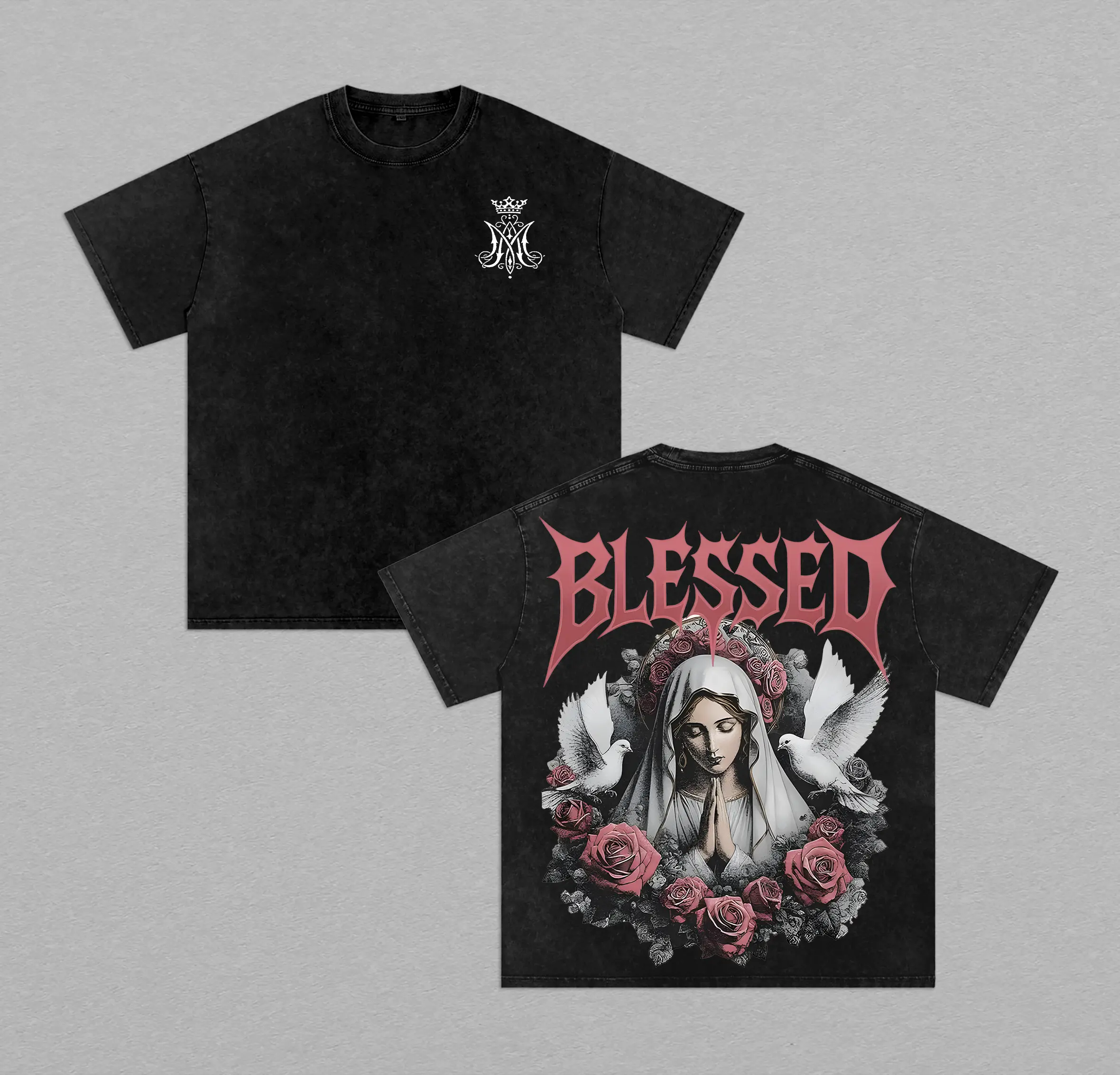 Blessed Virgin Mary Rose Art Vintage Washed Tee, Heavyweight Unisex Christian Streetwear T-shirt Religious Art Shirt Christian Streetwear Gothic Angelcore Church Outfit
