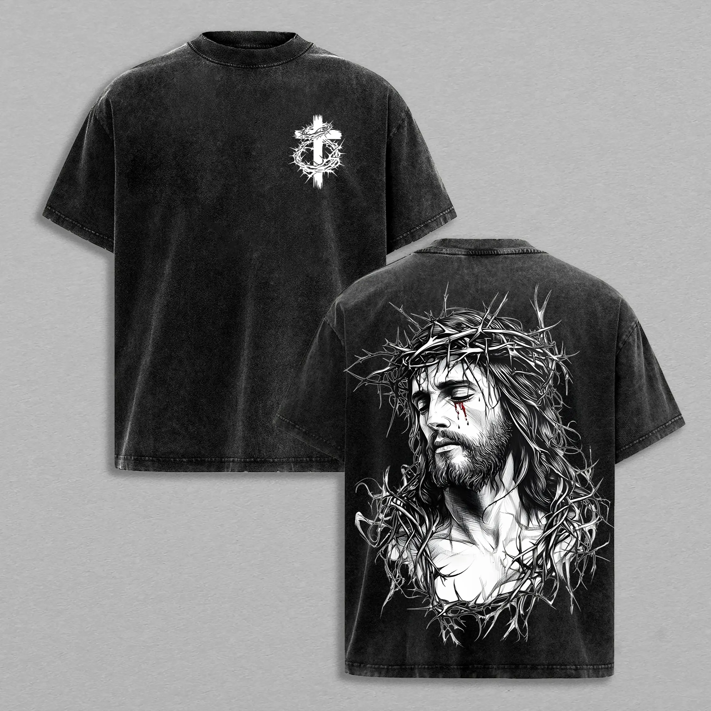 Tears of Blood – Christ’s Love in Pain - Jesus Crown of Thorns Tee Washed God Apparel Tee, Easter T-Shirt, Jesus T-Shirt, Easter Streetwear, Christian Apparel Graphic Tees, Gym Pump Cover Church Outfit