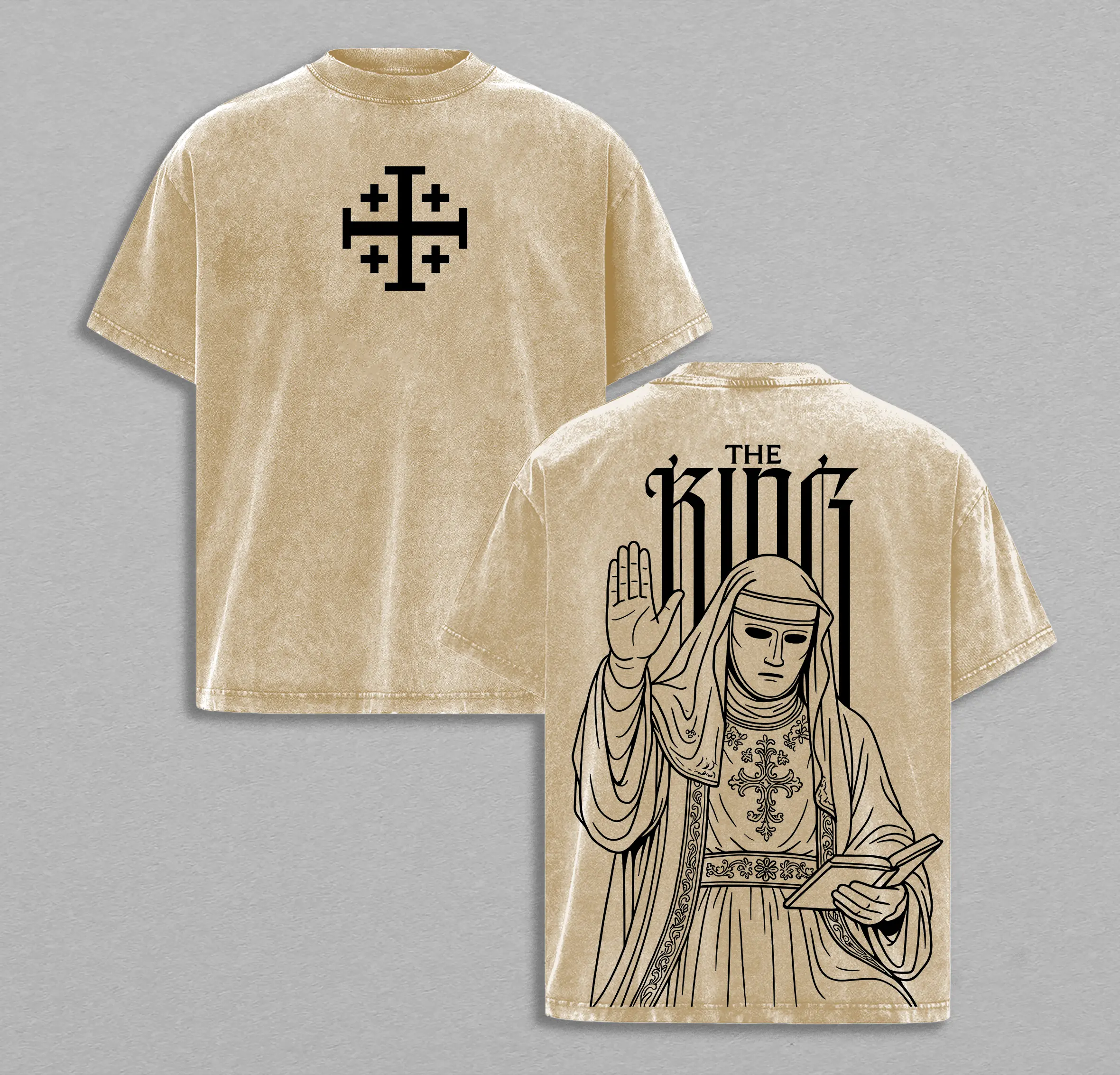 The King Baldwin IV T-Shirt Washed - Jerusalem Cross Graphic Tee, Crusader King of Jerusalem Medieval Christian Shirt, Vintage Washed Catholic Faith Streetwear - Christian Apparel - Gothic streetwear