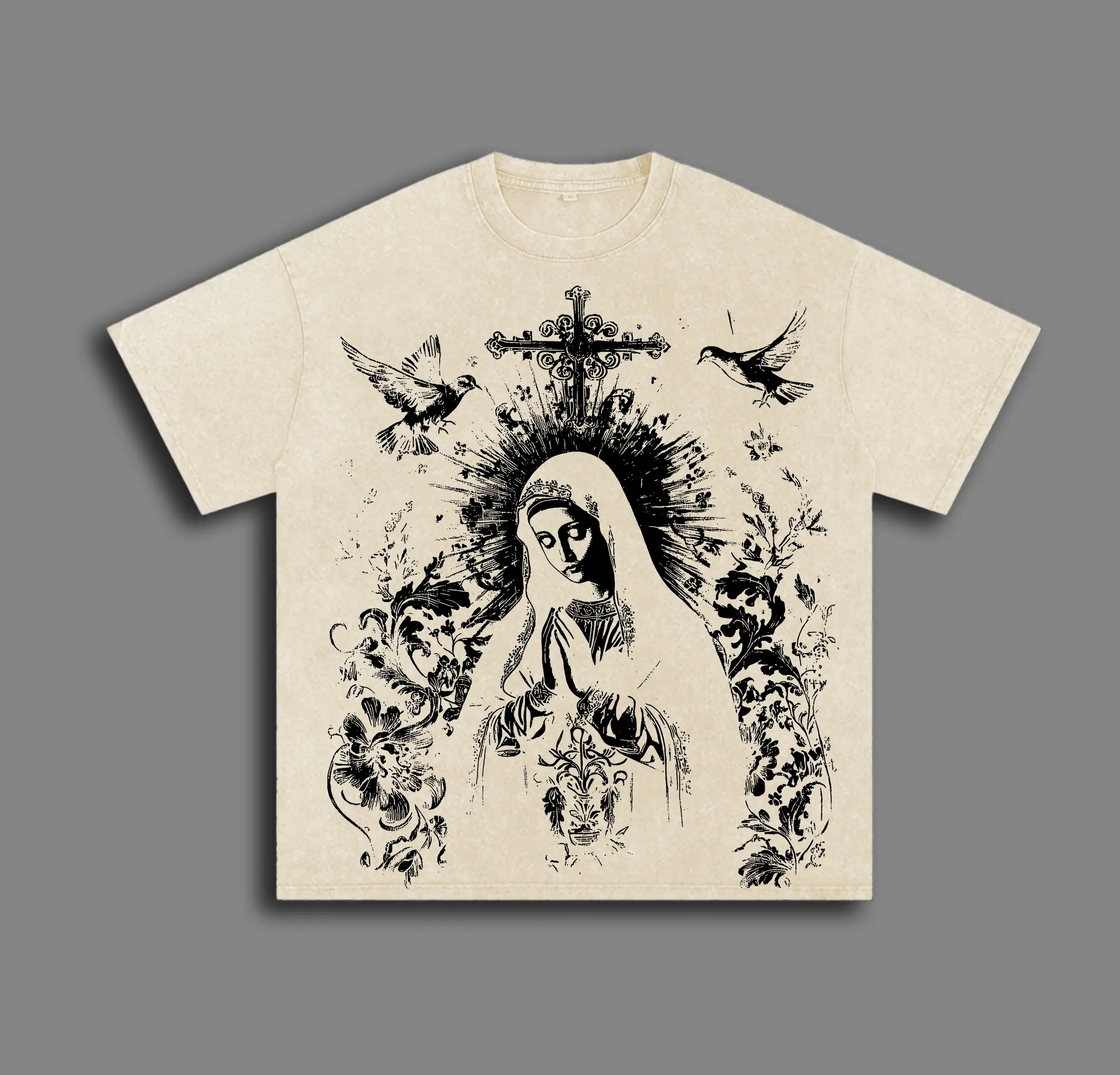 Virgin Mary Praying Vintage Graphic Acid Washed T-Shirt Vintage Washed T-shirt, Faded Graphic Tee, Retro Style Shirt, Classic Shirt, Vintage Top, Washed Cotton Tee for Men and Women Unisex Streetwear