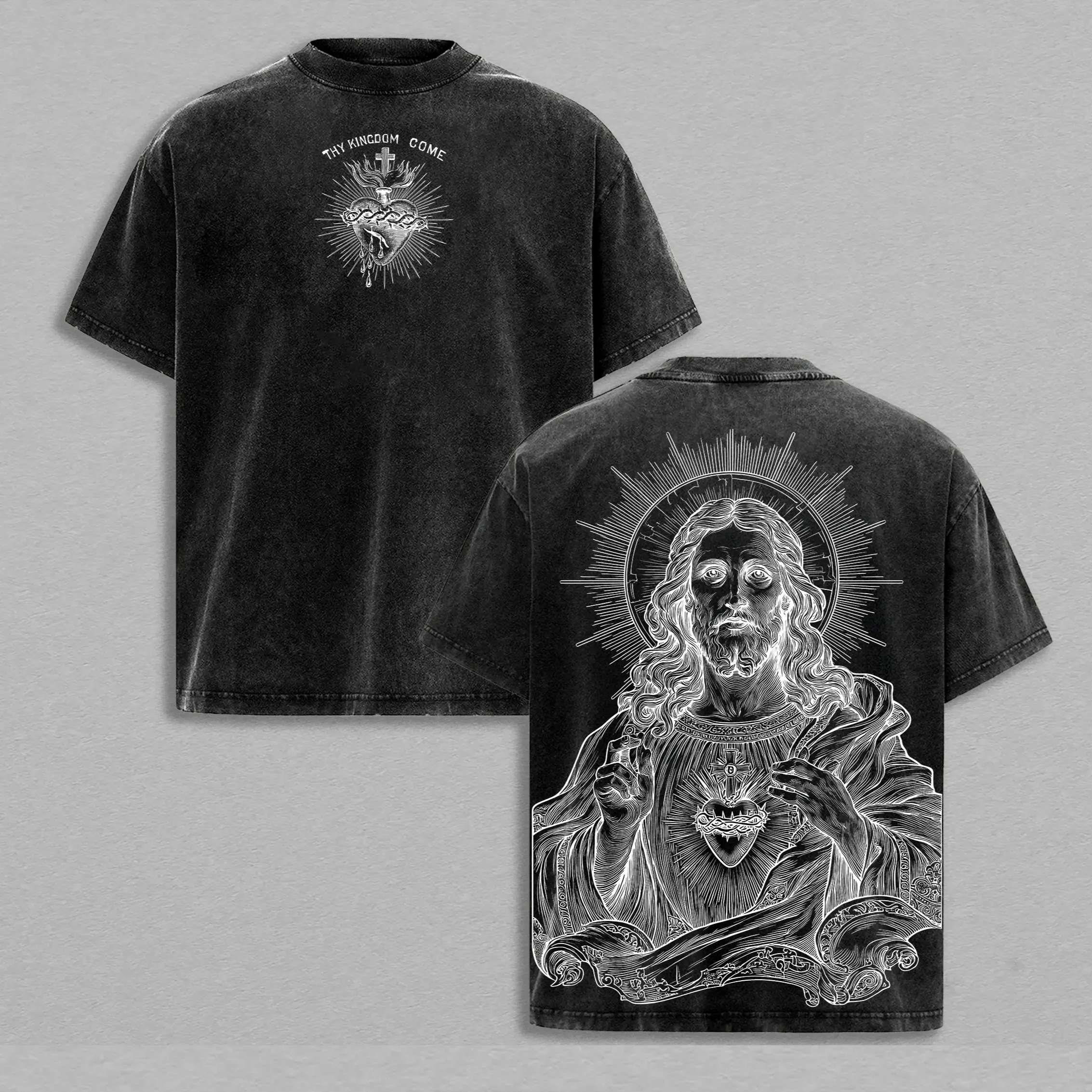 Sacred Heart Jesus Shirt Sweatshirt Hoodies Vintage Washed Tee Christian Streetwear Heavy Cotton T-Shirt Thy Kingdom Come Front & Jesus Art Back Faith Inspired Gift Christmas Outfit