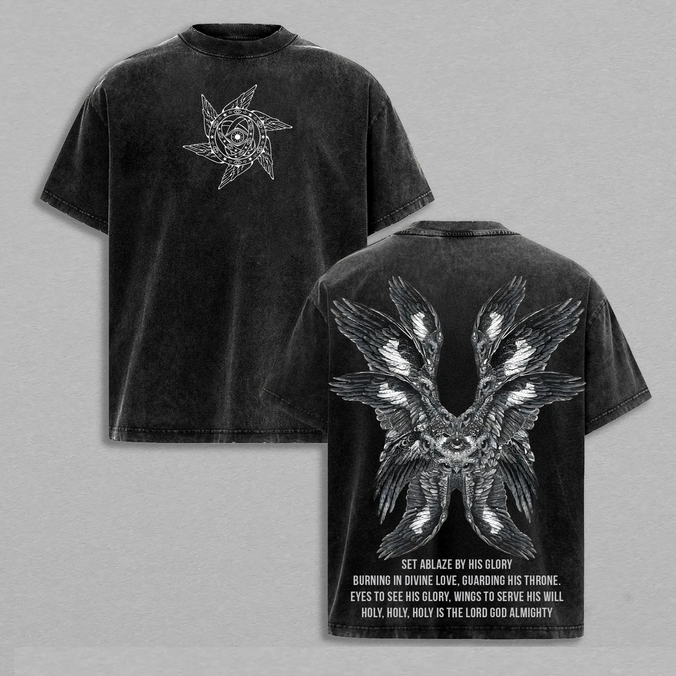 Seraphim Angel Tee Set Ablaze by His Glory Shirt Sweatshirt Hoodie Christian Vintage Washed T-Shirt Wings of Fire Divine Love Graphic Holy Faith Jesus Apparel Christian Bible Verse