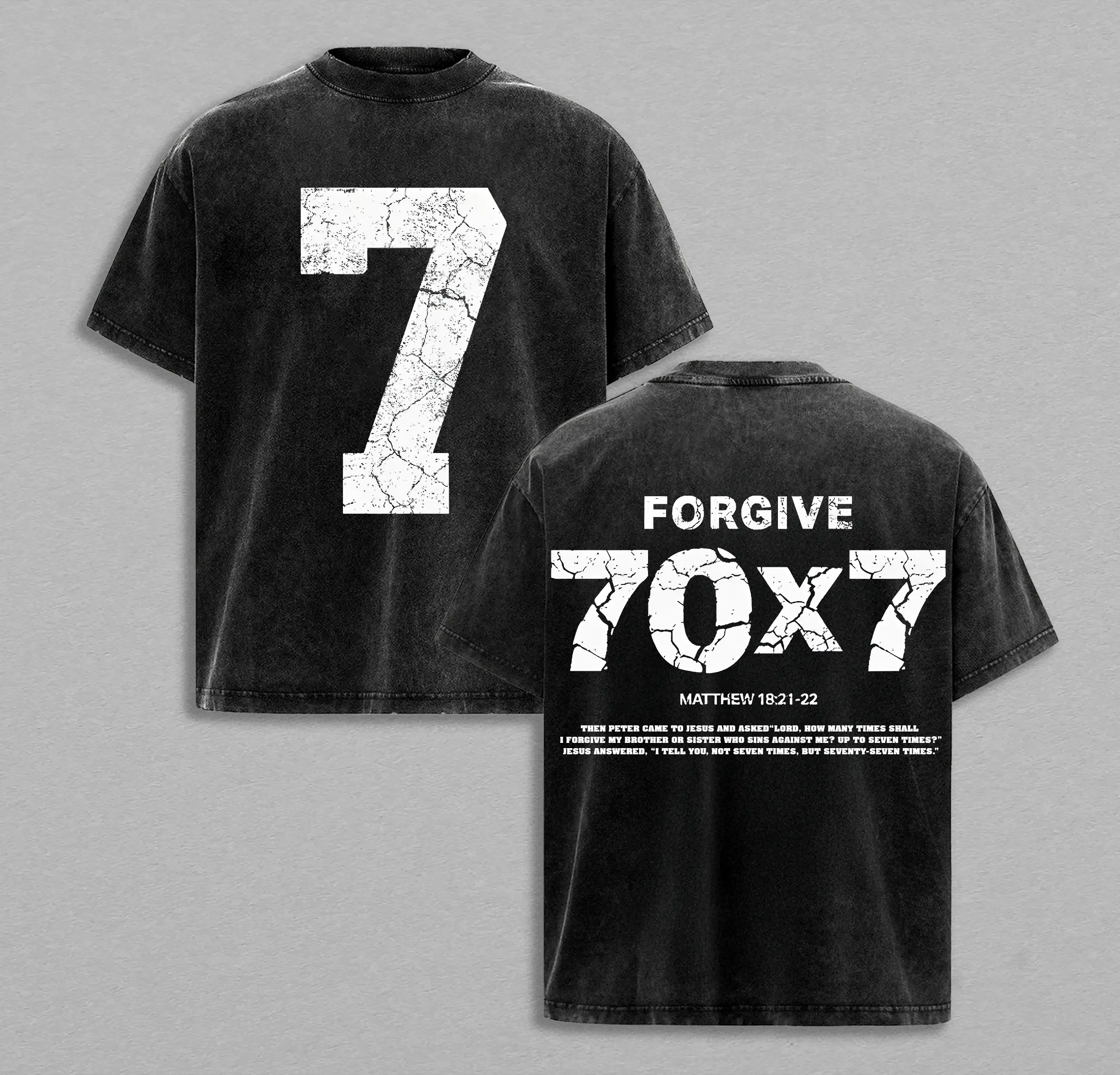 Mathew 1821-22 Forgive 70x7 Double Printed Vintage Jesus Washed Tee, Unisex Heavyweight Cotton T-shirt for Faith-Based Streetwear Bible Verse Church Outfit Gym Pump Cover Christian Merch