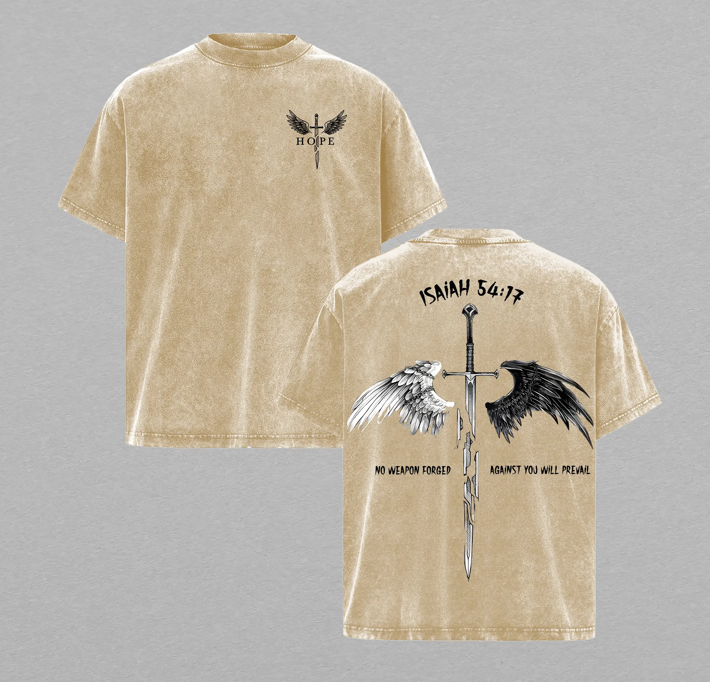 Isaiah 5417 Bible Verse T-Shirt Washed , No Weapon Formed Christian Shirt, Sword and Angel Wings Faith Streetwear Graphic Tee, HOPE Jesus Apparel Church Outfit Gym Pump Cover