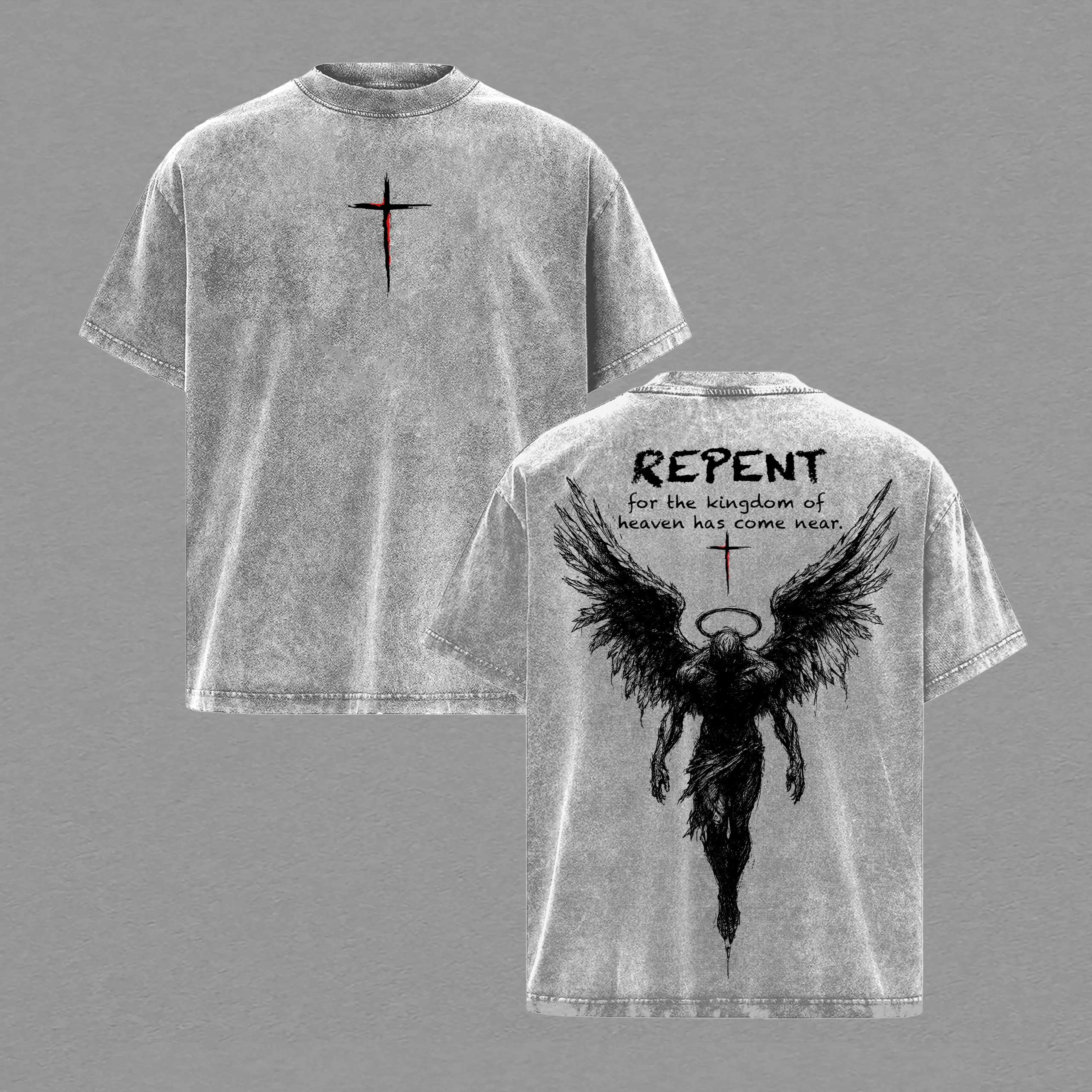 Repent Vintage Washed Christian T-Shirt, Angel Wings Faith Graphic Tee, “Kingdom of Heaven Has Come Near” Gospel Streetwear Top, Heavy Cotton Unisex Retro Worship Shirt