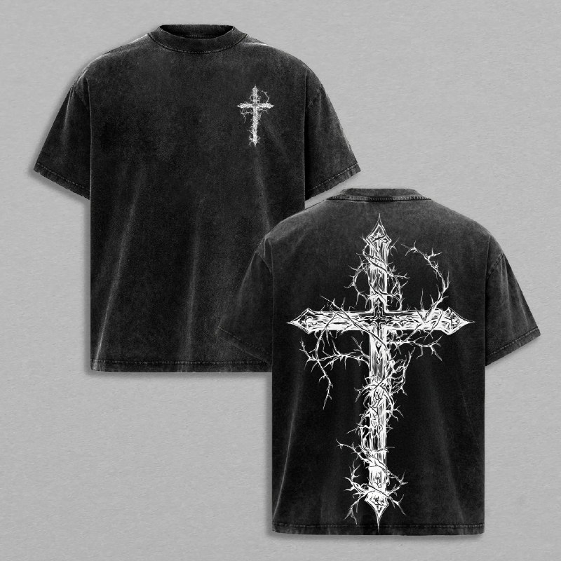 Thorn Cross Gothic Cross T-shirt Washed Biblical Cross Art Tee Jesus Tshirt , Cross Tee, Christian Apparel Streetwear Menswear Top Men and Women Bible Verse Church Outfit Gym Pump Cover