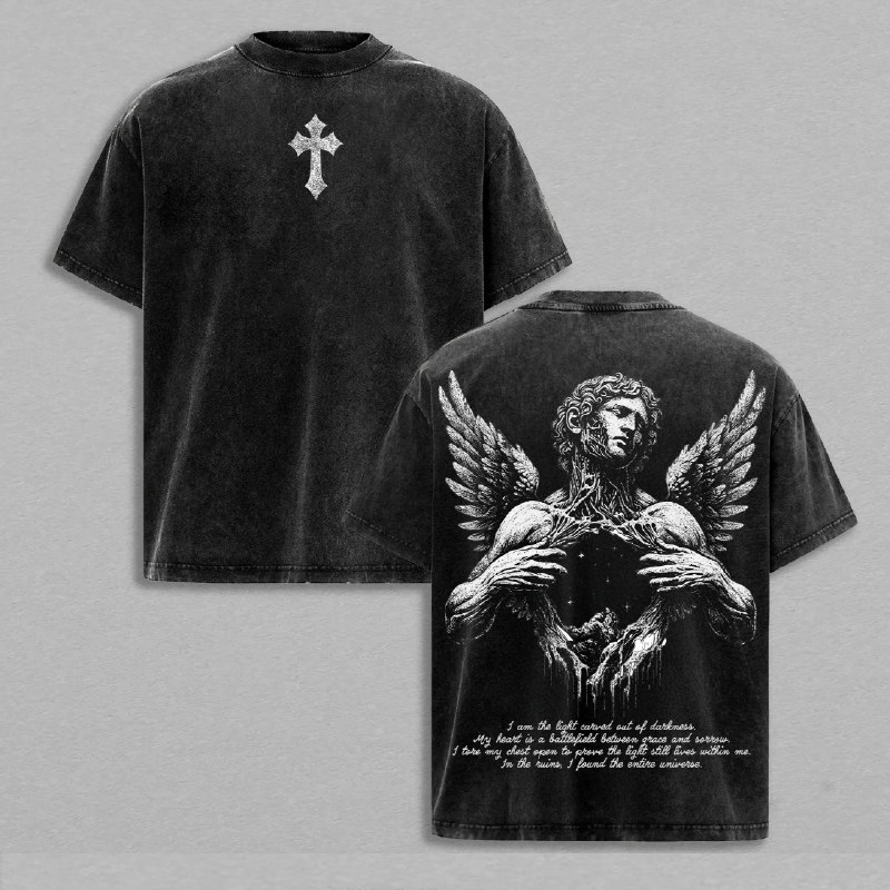 Fallen Angel Vintage Washed Tee Dark Aesthetic Streetwear Broken Wings Faith Graphic Shirt Light Within Darkness Design Emotional Art Tee Jesus Apparel Christian Bible Verse