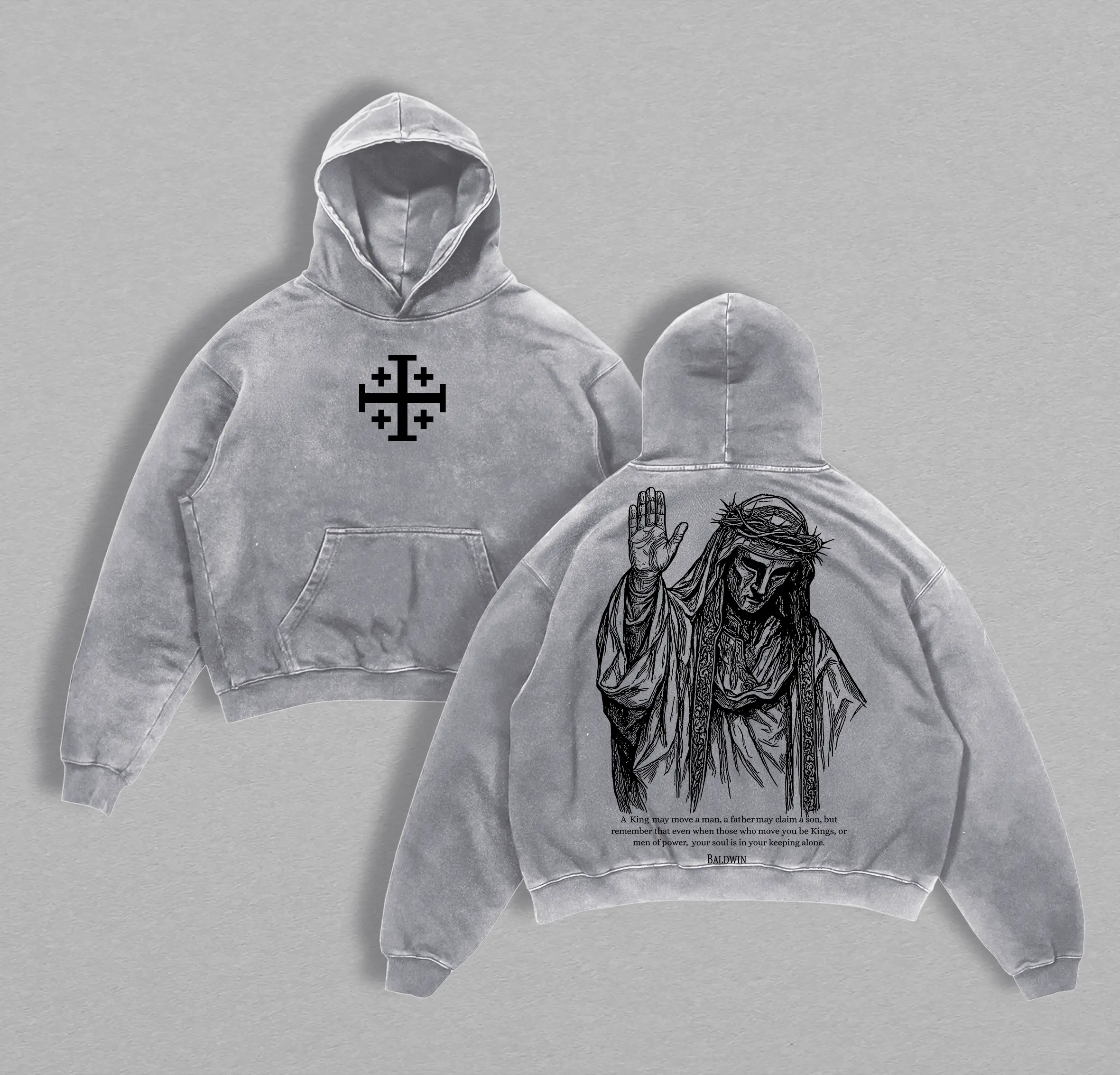 Baldwin IV The Leper King Hoodie Washed, Crusader King of Jerusalem Hoodie Tee, Jerusalem Cross Medieval Christian Shirt, Vintage Washed Gothic Faith Streetwear - Jesus Apparel - Christian Outfit