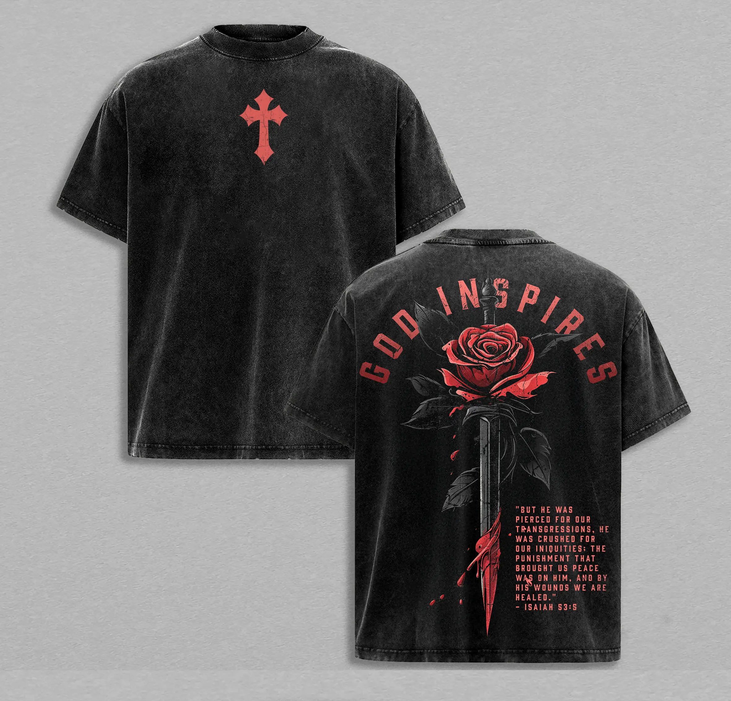 God Inspires Rose Sword Shirt, Christian Graphic Tee Jesus Apparel , Isaiah 535 Bible Verse Shirt, Faith Streetwear, Washed Vintage Tee, Religious Gift for Believers
