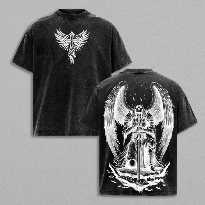 Archangel Michael Warrior Angel T-Shirt Washed, Christian Justice Fighter Tee, Faith and Goodness Graphic Shirt, Religious Spiritual Armor of God Top, Divine Battle Jesus Tee, Christian Apparel Streetwear Gym Menswear