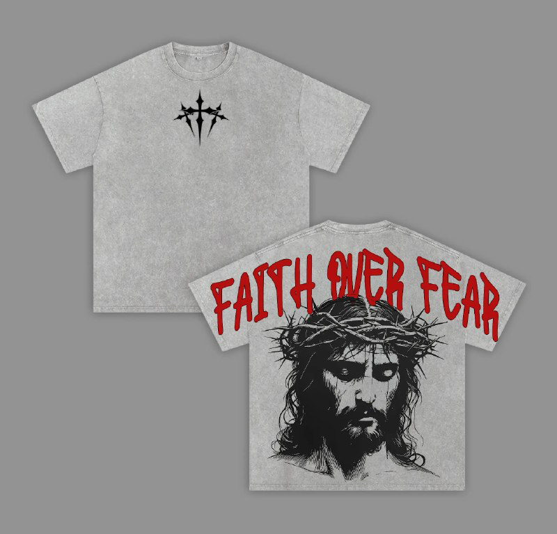 Faith Over Fear Jesus Shirt Vintage Washed Tee Christian Streetwear Heavy Cotton T-Shirt Crown of Thorns Graphic Back Faith Over Fear Religious Gift Jesus Apparel Christian Based Clothing