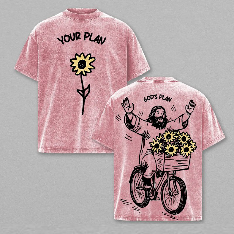 YOUR PLAN GOD’S PLAN Christian T Shirt Washed Sunflower Jesus Illustration Heavy Cotton Streetwear Faith Graphic Unisex Relaxed Fit Inspirational Religious Tee Aesthetic Merry Christmas