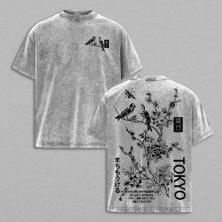 Tokyo Sakura Birds Double Printed Vintage Washed Tee, Unisex Heavyweight Cotton T-shirt for Japanese Aesthetic Fans Regular Fit Street Round Neck T-Shirt For Men's And Women , Menswear For Daily Outdoor Tokyo Streetwear