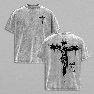 Walk by Faith Cross Double Printed Vintage Washed Tee, Unisex Heavyweight Cotton T-shirt for Christian Streetwear Grunge Aesthetic Bible Verse Church Outfit Gym Pump Cover