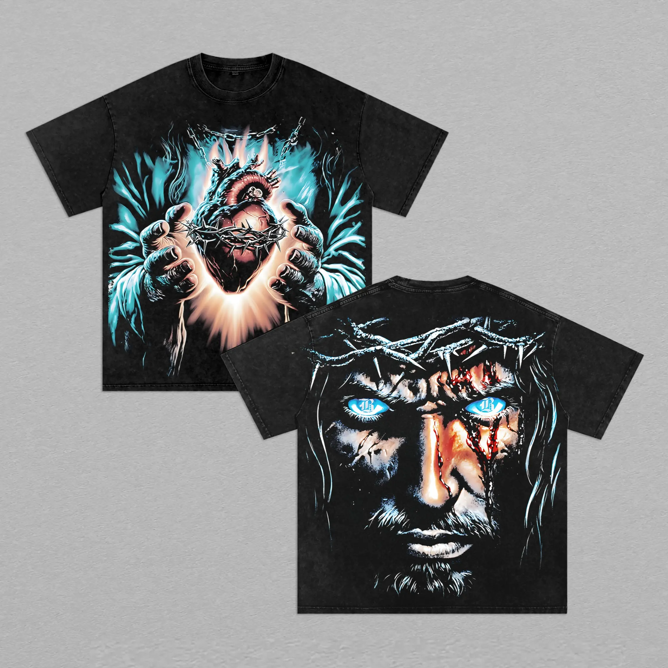 Sacred Heart Jesus Tee Vintage Washed Christian T-Shirt Divine Light Faith Streetwear Crown of Thorns Graphic Glory Threads Religious Art Design