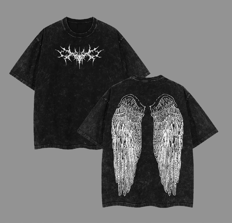 Y2K Gothic Wing Hoodie – Dark Vintage Hoodie Washed Wing Graphic T-Shirt for Grunge Streetwear & Anime-Inspired Fashion