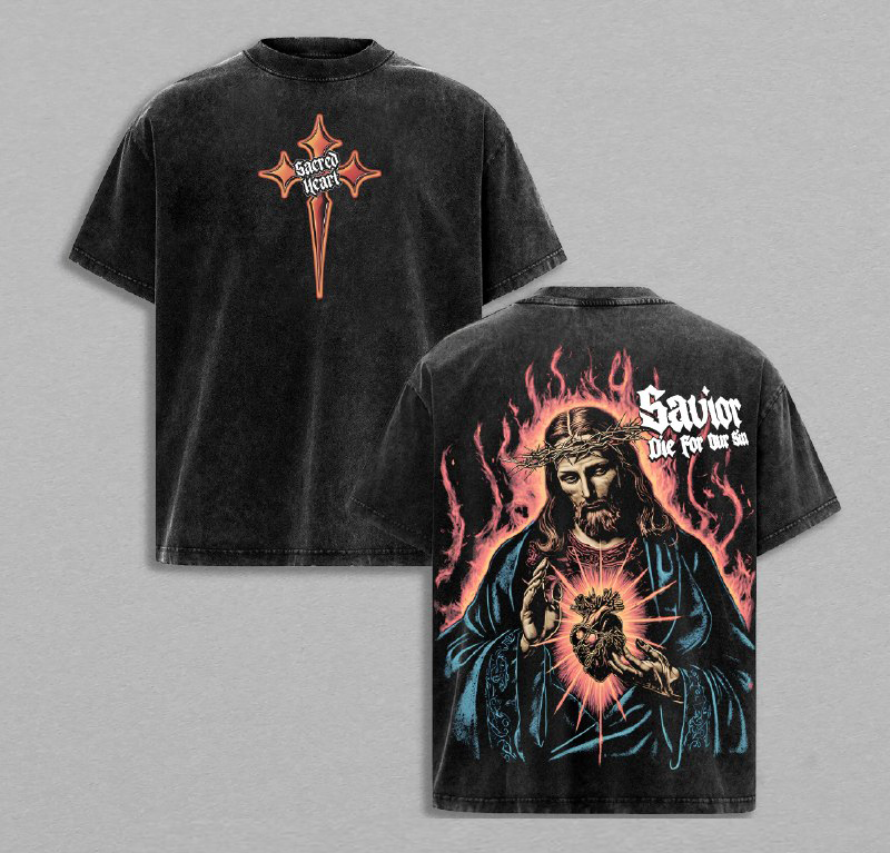 Sacred Heart Savior Tee Vintage Washed Christian Shirt Jesus Died for Our Sins Graphic Faith and Redemption Streetwear Glory Threads Spiritual Apparel Jesus Apparel