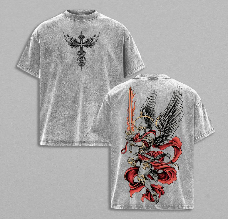 Archangel Michael Flaming Sword T-Shirt Washed, Christian Warrior Angel Graphic Tee, Armor of God Religious Shirt, Divine Justice Faith Apparel, Spiritual Battle Streetwear Christian Jesus Apparel