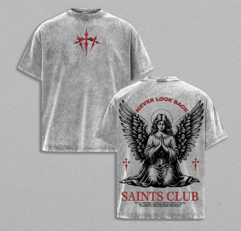 Saints Club Angel Tee Never Look Back Vintage Washed T-Shirt Sweatshirt Hoodie Faith and Redemption Streetwear Praying Angel Graphic Christian Tee Jesus Apparel Christian Bible Verse