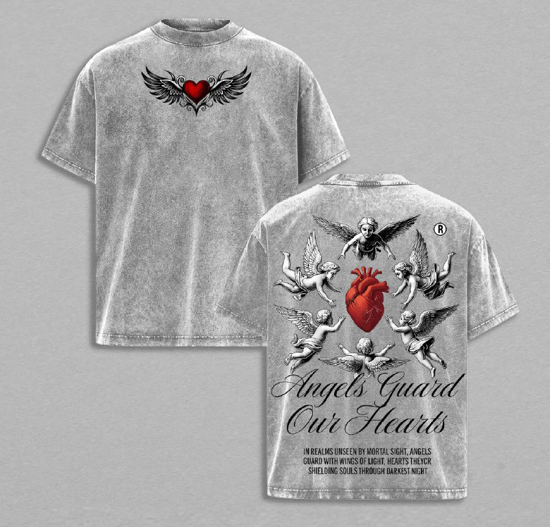 Angels Guard Our Hearts Tee Vintage Washed Christian Shirt Red Heart & Cphic Faith Protection Streetwear Divine Love Glory ThreadsJesus Apparel Christian Bible Verseherub Angel Gra