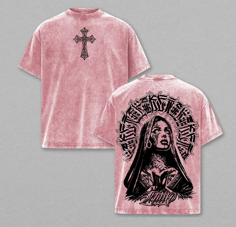 Praying Nun Vintage Washed Tee Tattoo Art Inspired Streetwear Glory Threads Faith & Grit Design Gothic Cross Prayer Graphic Shirt Urban Christian Aesthetic Tee Jesus Apparel