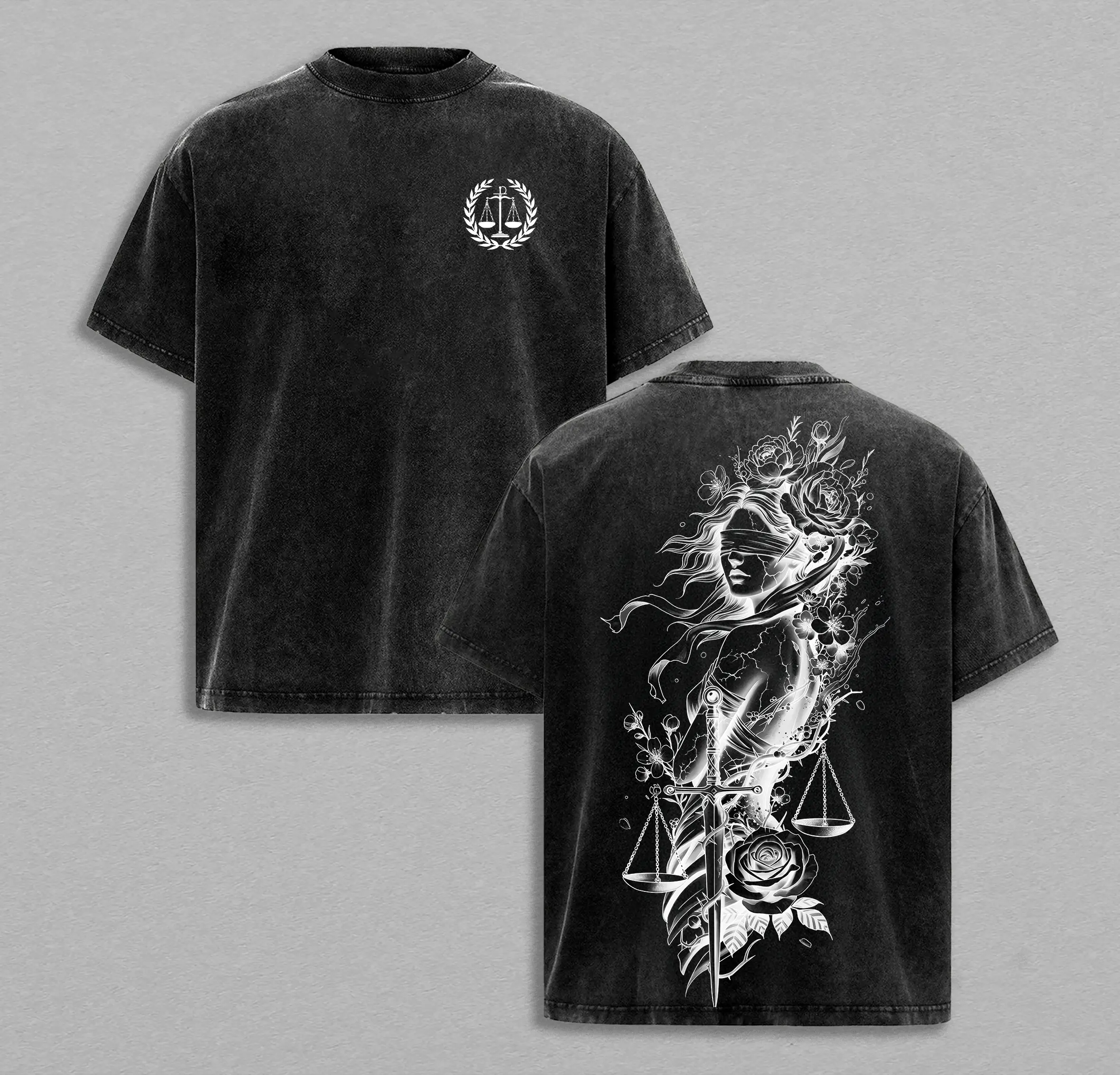 Lady Justice Vintage Washed Tee, Unisex Heavyweight Cotton T-shirt with Blindfolded Justice Sword & Scales Art Balance & Power Theme Balance & Power Theme Grunge Aesthetic