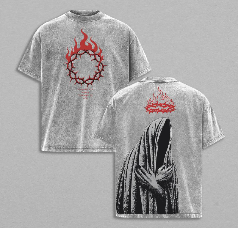 Annihilate What Torments You Cloaked Figure Vintage Washed Tee, Unisex Heavyweight Gothic Horror T-shirt Jesus Tee Flame and Thorns Art Gothic Streetwear Creepy Angelcore Aesthetic