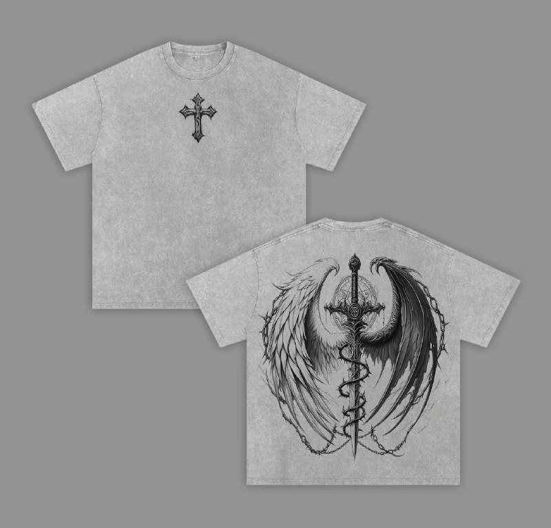Christian Angel Demon Wings Sword and Cross Wings Tee T-Shirt, Vintage Washed Gothic Faith Tee, Spiritual Warfare Religious Streetwear, Jesus Armor Graphic Top
