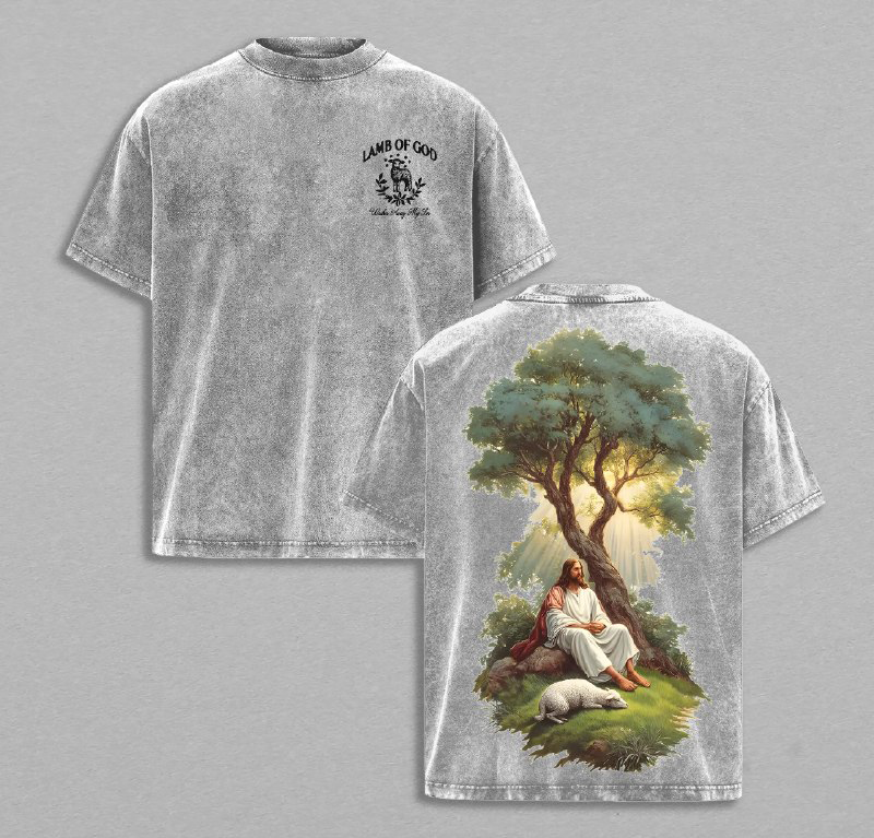 Jesus with the Lamb Lamb of God T-Shirt Washed Good Shepherd Religious Art Bible Verse Faith Based Clothing Jesus and Sheep Church Outfit Gym Pump Cover