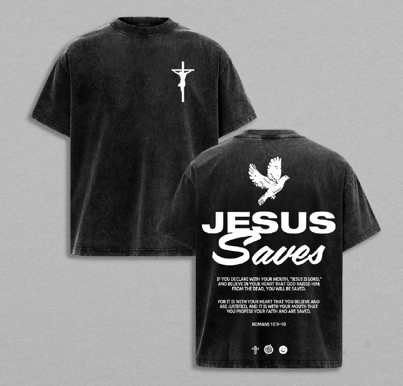 Jesus Saves - Double Sided, Worn-out Vintage Washed Cotton Printed T-Shirt, Round Neck Short Sleeves. Fashionably Loose And Comfortable, Suitable For Travel And Vasual Wear. Great Choice For Holiday Gifts