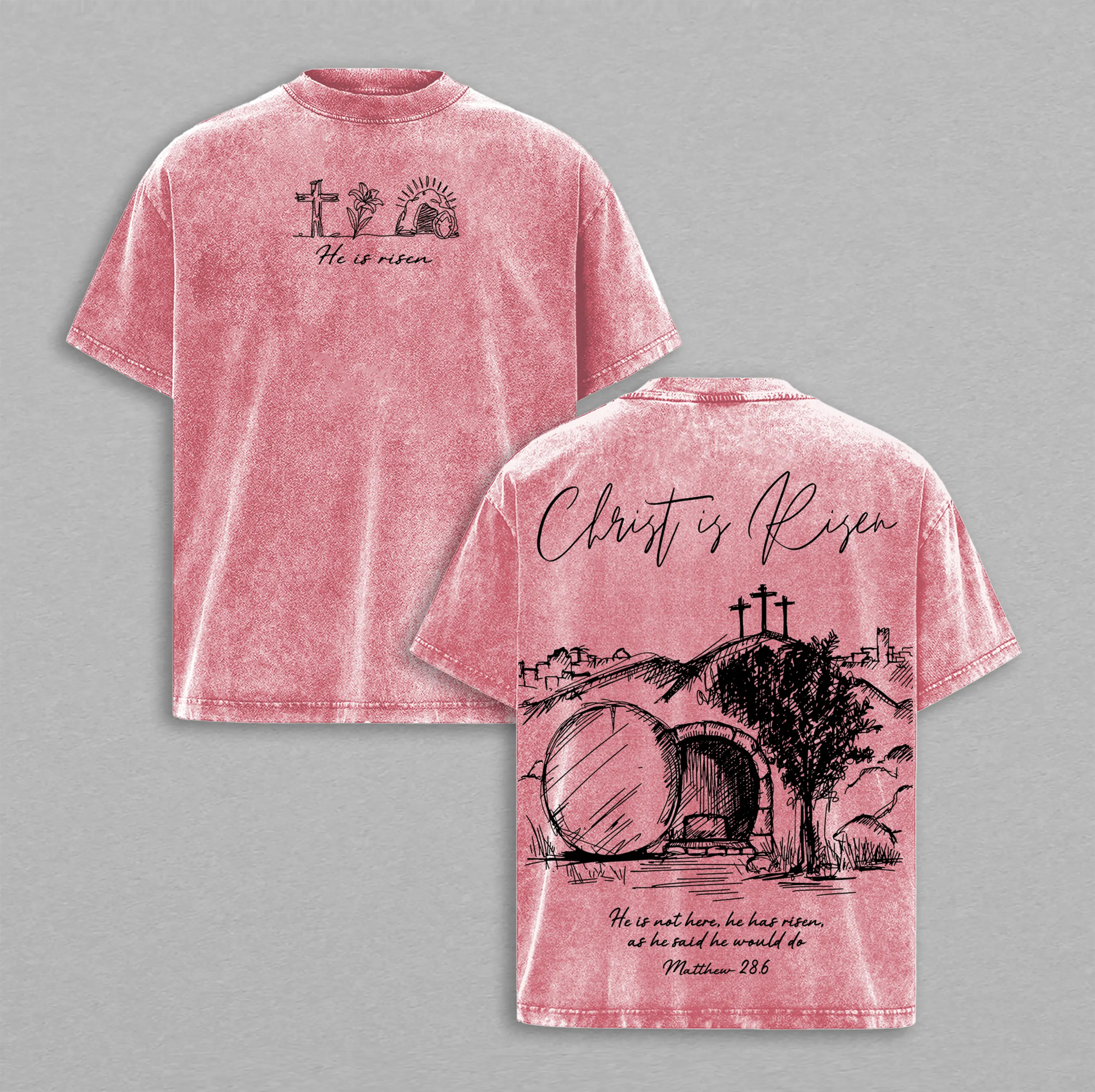 Christ Is Risen Matthew 286 Vintage Washed Christian T-Shirt, Heavy Cotton Faith Cross Resurrection Graphic Tee, Easter Jesus Tomb Scripture Streetwear Shirt, Unisex Religious Gift for Believers