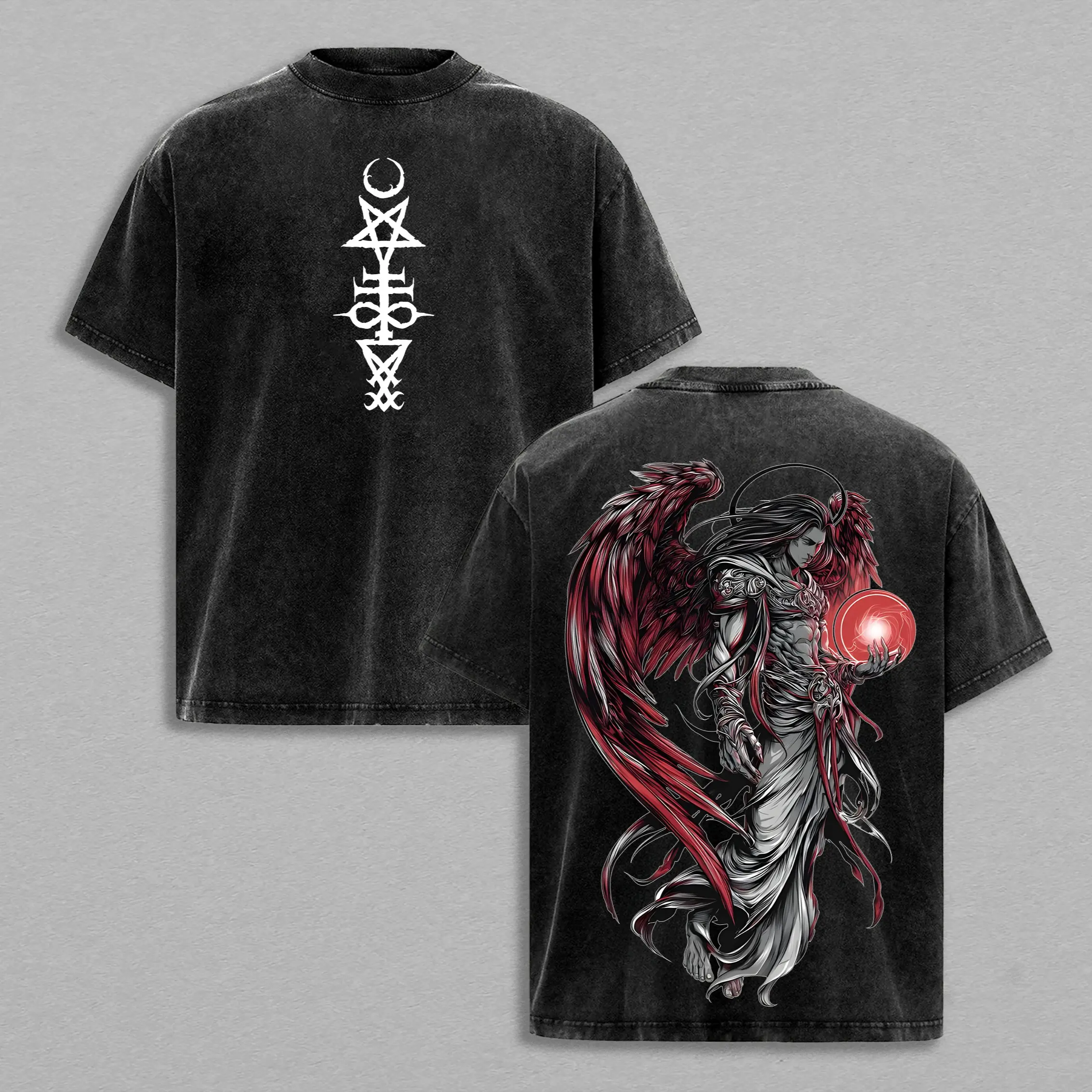 Sigil of Lucifer - Lucifer Fallen Angel T-Shirt Washed , Dark Angel Tee, Gothic Streetwear Shirt, Red Wing Angel Graphic Tee,