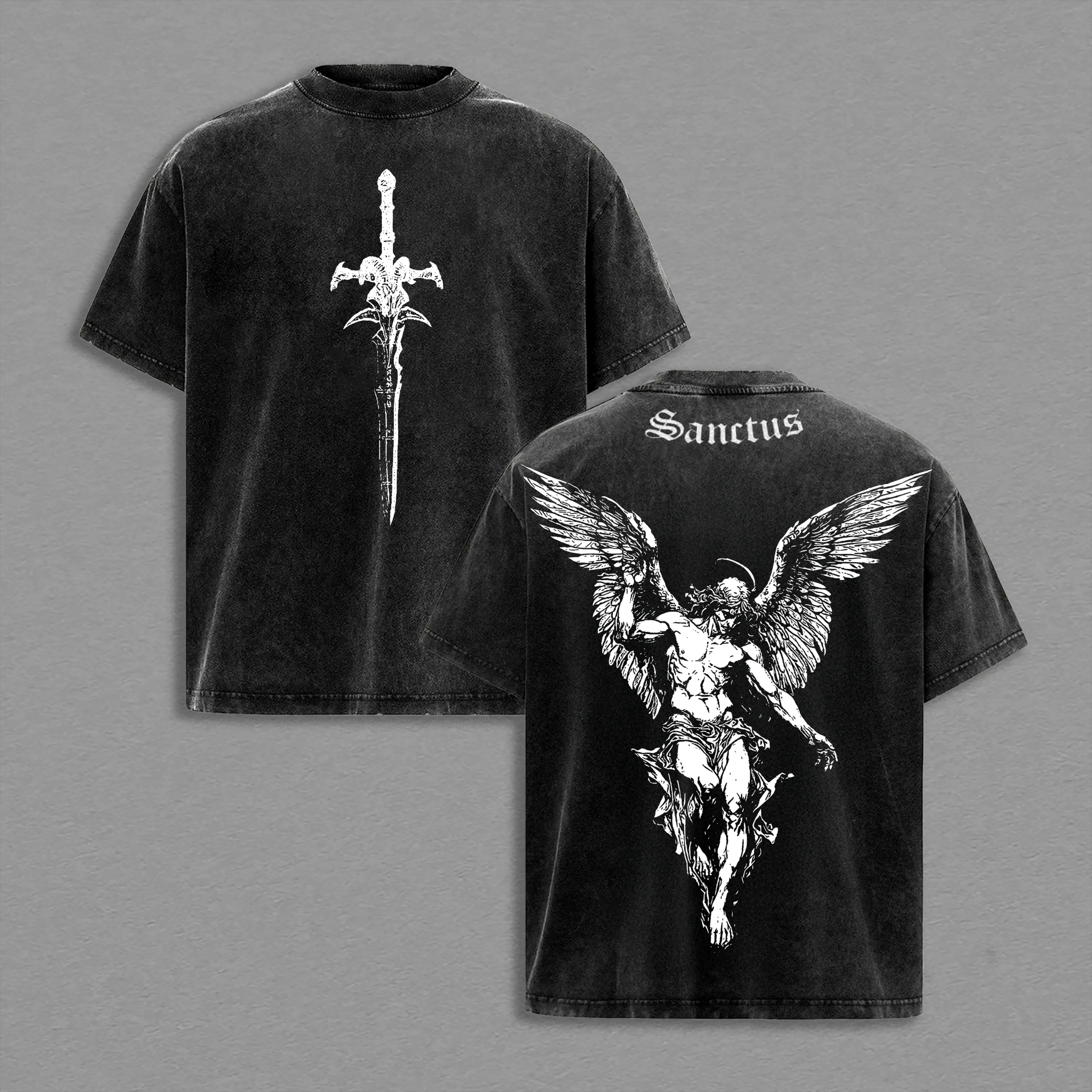 Sanctus Archangel Vintage Washed Christian T-Shirt, Holy Sword Cross Faith Graphic Tee, Heavy Cotton Dark Angel Streetwear Top, Unisex Retro Worship Shirt for Believers