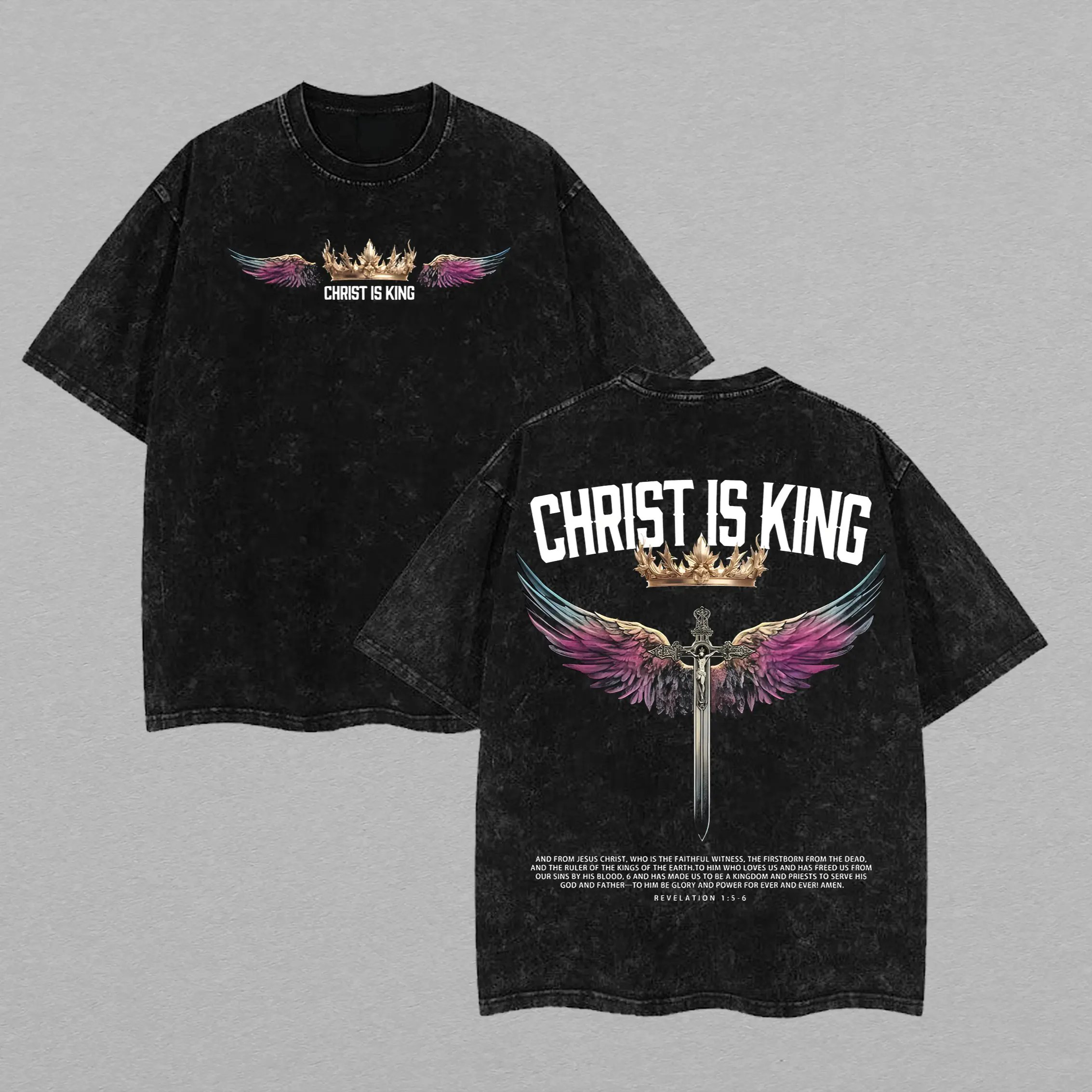 Christ Is King Vintage Washed T-Shirt Hoodie Tank Top Sweatshirt Christian Streetwear Jesus Crown of Glory Sword Wings Graphic Bible Verse Revelation Faith Apparel Jesus Apparel Christmas Outfit Gym Pump Cover Thanksgiving