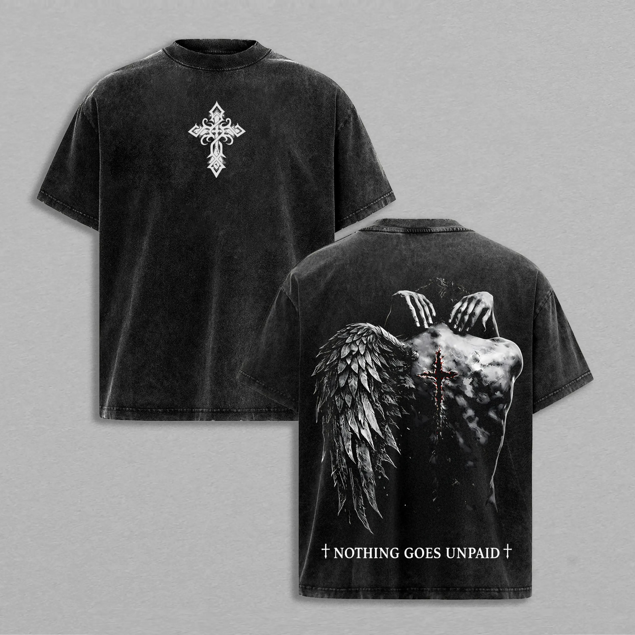 Nothing Goes Unpaid Christian Shirt Tank Top Hoodie Sweatshirt Vintage Washed Angel Wings Cross Back Graphic Faith Over Pain Jesus Redemption Streetwear Gift for Believers