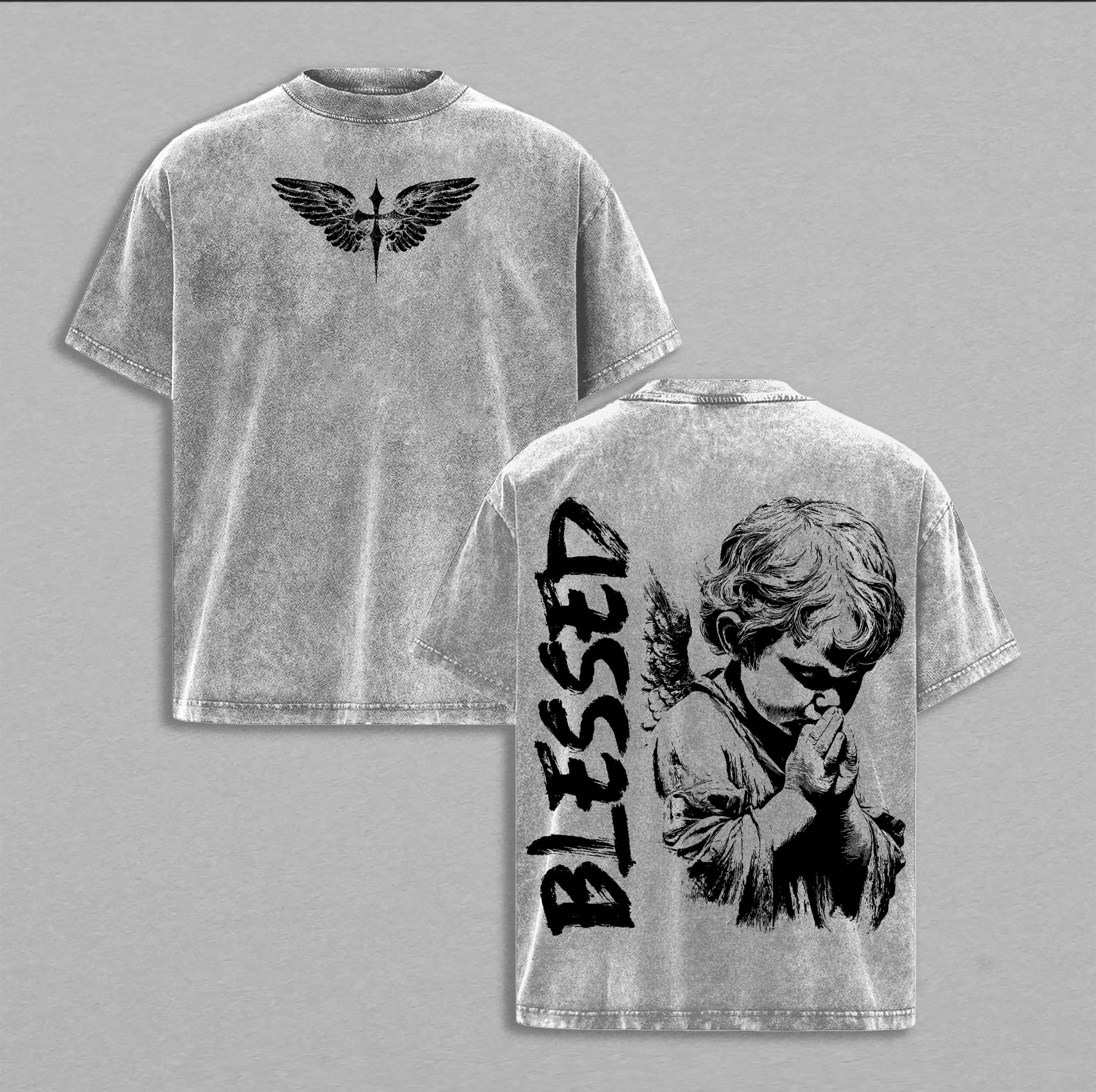 Blessed Angel T Shirt Sweatshirt Hoodie Washed Christian Streetwear Jesus Faith Apparel Praying Cherub Graphic Tee Heavy Cotton Religion Inspired Shirt for Men Women