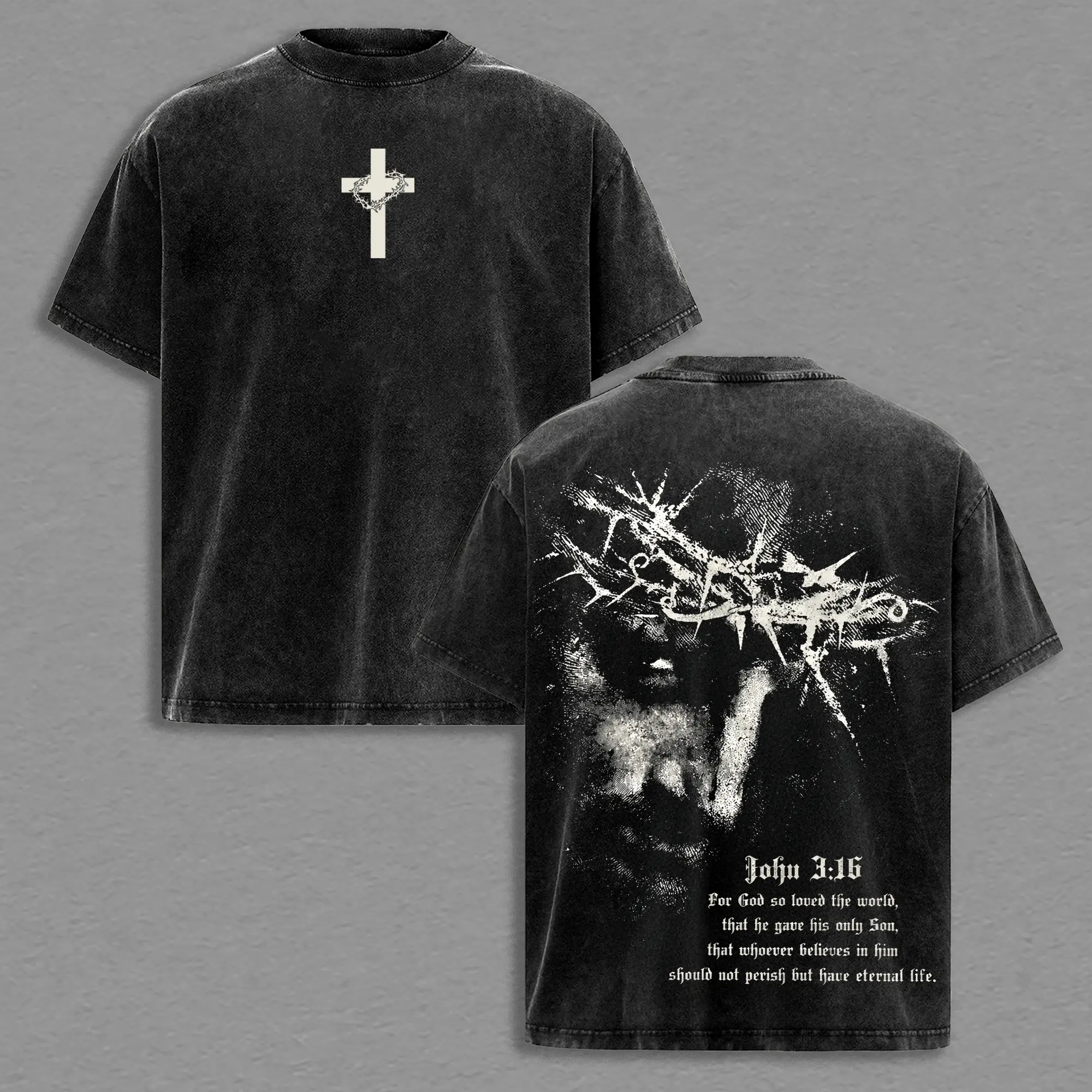 John 316 Jesus Crown of Thorns Vintage Washed T-Shirt, Heavy Cotton Christian Faith Graphic Tee, Religious Streetwear Shirt, Biblical Scripture Apparel, Unisex Gospel Gift for Believers