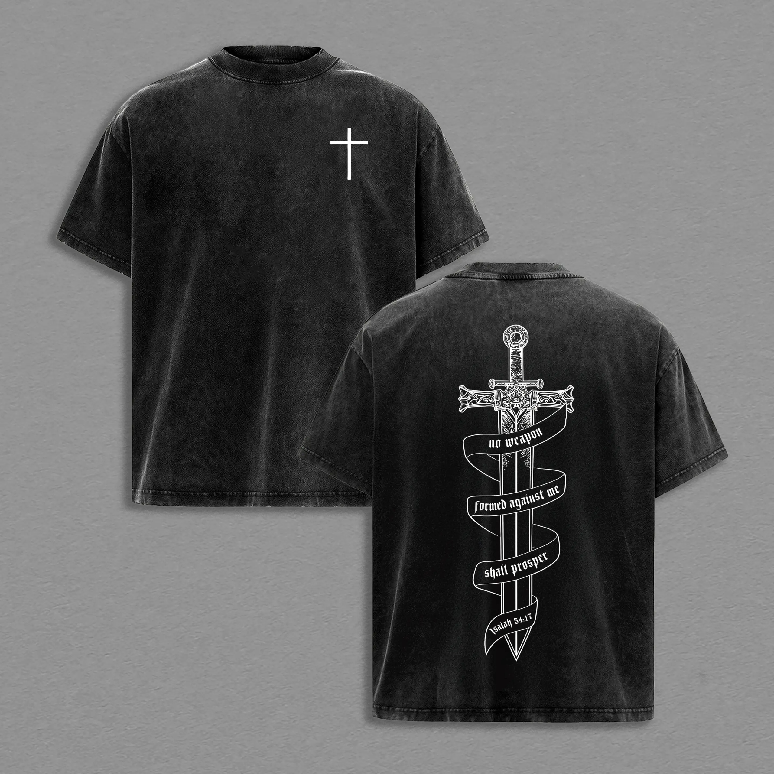 No Weapon Formed Against Me Vintage Washed Christian T-Shirt, Sword and Cross Faith Graphic Tee, Isaiah 5417 Scripture Heavy Cotton Dark Streetwear Top, Unisex Retro Christian Warrior Shirt