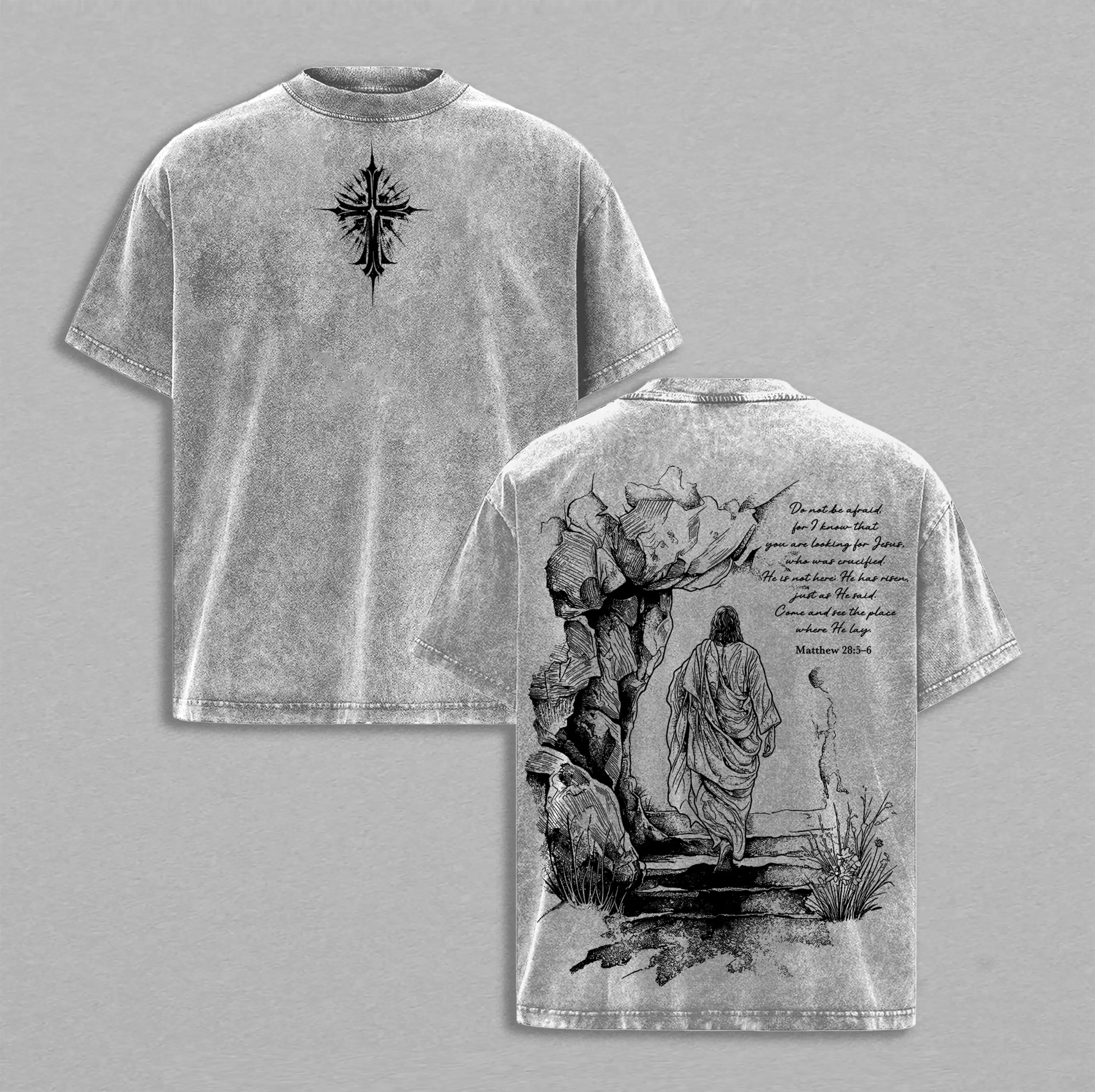 Matthew 285-6 He Is Risen Vintage Washed Christian T-Shirt, Heavy Cotton Jesus Resurrection Graphic Tee, Easter Faith Scripture Streetwear Shirt, Unisex Religious Gift for Christian Believers