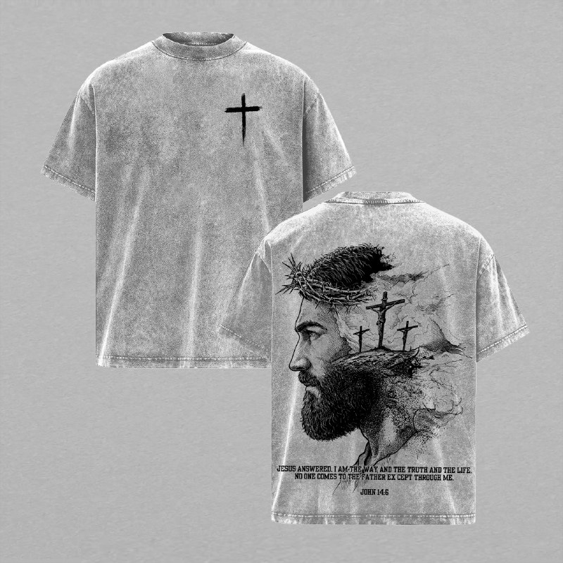 John 146 Vintage Washed Christian T-Shirt, Jesus Portrait Faith Graphic Tee, Heavy Cotton Dark Scripture Streetwear Top, Unisex Retro Worship Shirt for Believers